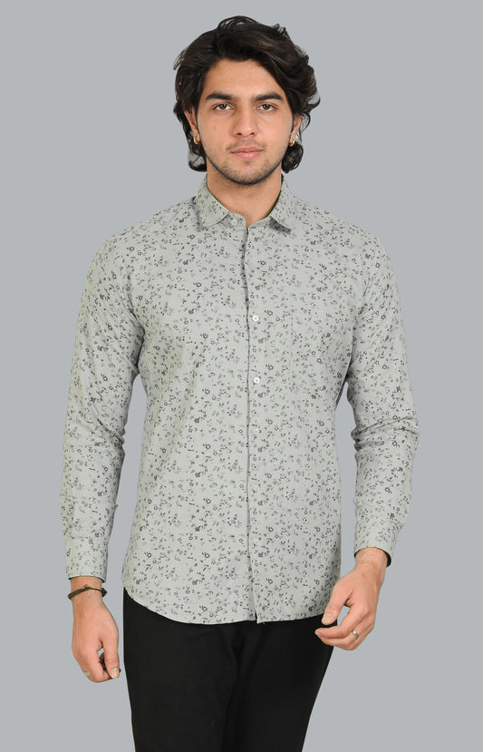 Grey Full-Sleeve Floral Printed Shirt